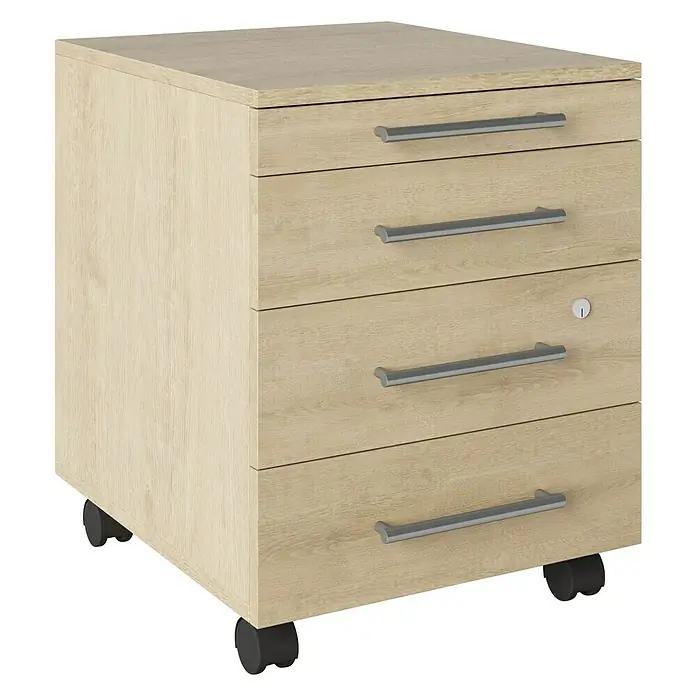 Phönix Rollcontainer Neo - L x B x H: 50 x 43 x 55,5 cm, Artisan Eiche, Anzahl Schubladen: 4 Stk. - Ein Büromöbelstück mit vier Schubladen und Rollen für die einfache Mobilität. Die Schubladen sind mit silbernen Griffen versehen.