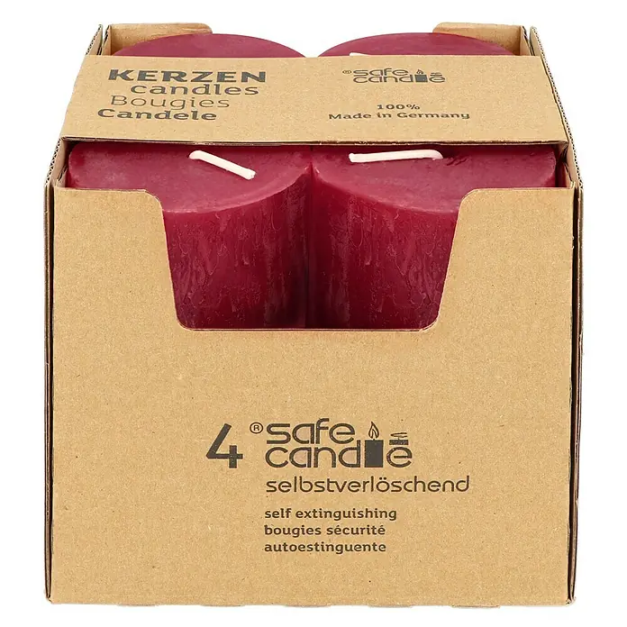 Stumpenkerzen-Set Rustic Safe Candle - 4 Stk., Ø x H: 6 x 11 cm, Rubin - Packung mit vier Safe Candle Kerzen, selbstverlöschend, hergestellt in Deutschland.