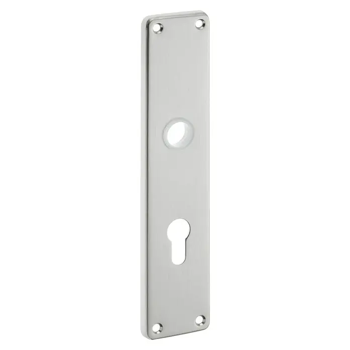Portaferm Langschild Kantig - Distanznorm: 72 mm, Profilzylinder, Silber, Eckig - Ein glänzender Türbeschlag aus Metall mit Schlüsselloch und Befestigungslöchern. Ideal für stilvolle Innentüren.