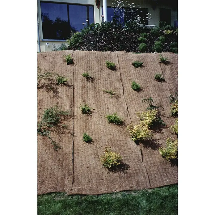 Böschungsmatte Meterware - Breite: 120 cm, Kokosfaser - Detailaufnahme einer mit Kokosfasern abgedeckten Böschung, bepflanzt mit jungen Sträuchern und Gräsern. Schutz vor Erosion und Förderung des Pflanzenwachstums.