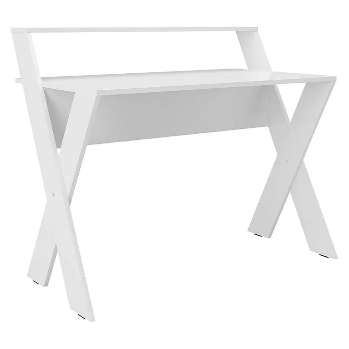 Phönix Schreibtisch Montreal - L x B x H: 65 x 115 x 95 cm, Weiß - Ein moderner, weißer Schreibtisch mit X-förmigen Beinen und einer zusätzlichen Ablagefläche für Ordnung und Stil im Arbeitsbereich.