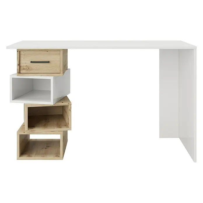 Phönix Schreibtisch Monza - L x B x H: 55 x 120 x 75 cm - Moderner Schreibtisch mit weißen Oberflächen, Holzschublade und offenen Fächern in Holz- und Weißtönen für stilvolles Arbeiten.