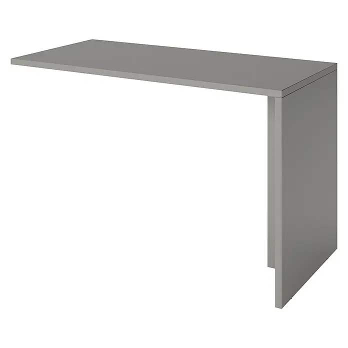 Phönix Fortuna Regalschreibtisch - L x B x H: 57,9 x 120 x 75 cm, Grau - Diese Aufnahme zeigt eine Nahaufnahme eines grauen Konsolentisches mit einer glatten Oberfläche und einem minimalistischen Design auf schwarzem Hintergrund.
