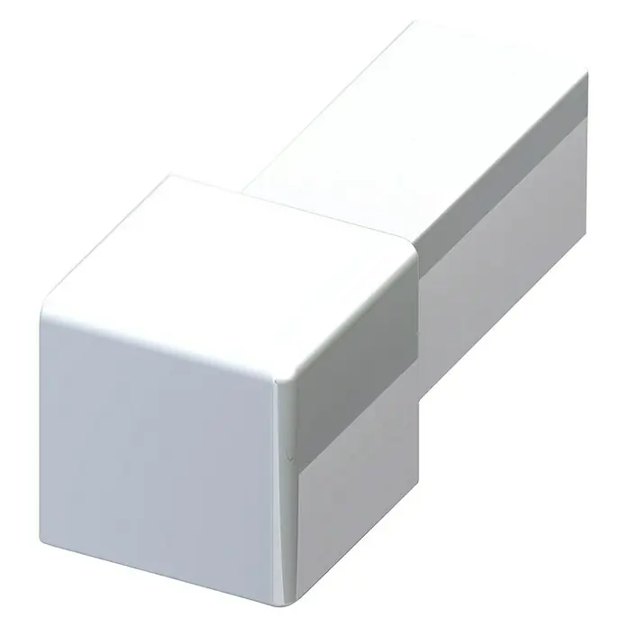 Quadroeck - Aluminium, Chrom, Höhe: 12,5 mm - Detailaufnahme einer weißen, rechteckigen Kabelkanal-Ecke, die die saubere und professionelle Verlegung von Kabeln betont.