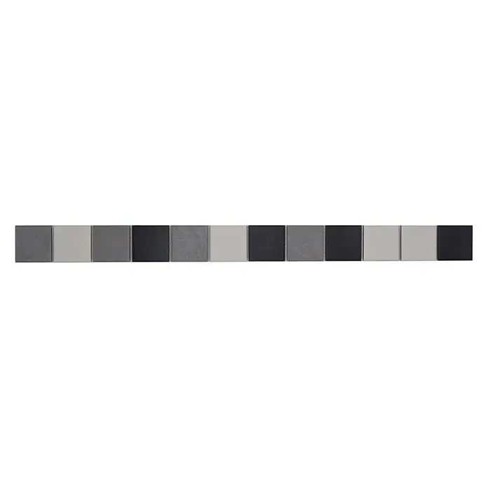 Fliesenbordüre Quadrat - 4,8 x 30 cm, Mix Grau, Matt - Eine Nahaufnahme einer rechteckigen Kachelreihe in verschiedenen Grautönen und Beige, ideal für moderne Raumgestaltung.