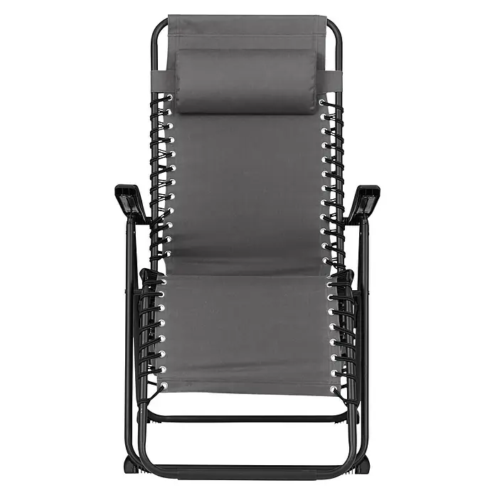 Garten-Liegestuhl - Metall, Baumwolle, Rückenlehne verstellbar, Dark Grey, B x T x H: 66 x 102 x 111 cm - Das Bild zeigt einen grauen Relaxsessel mit schwarzem Gestell. Der Sessel ist für den Außenbereich geeignet und bietet hohen Komfort.