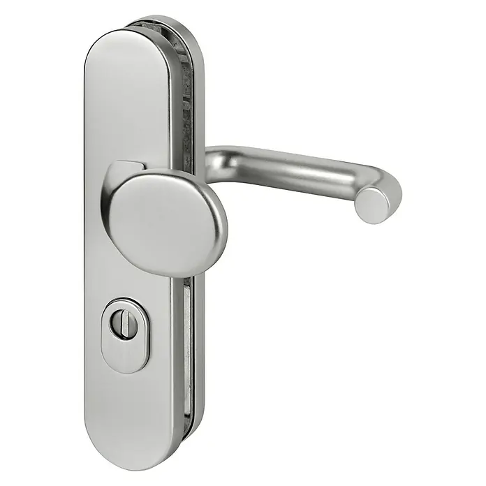 Schutzbeschlag - Hauseingangstür, Aluminium, Profilzylinder PZ, Farbe: Edelstahl - Türdrücker aus poliertem Edelstahl mit ovalem Design und Schlüsselloch für Innentüren und moderne Sanitäranlagen.
