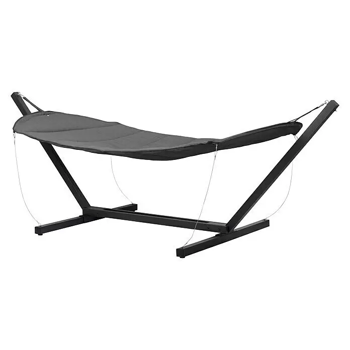 Hängematten-Set - L x B x H: 320 x 141 x 116 cm, Dunkelgrau/Schwarz - Dunkelgraue gepolsterte Stoffhängematte mit stabilem schwarzem Metallgestell, ideal zur Entspannung im Freien.