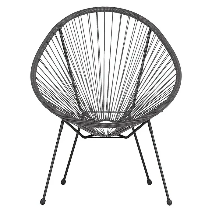 Gartensessel Relax - Stahl, Dunkelgrau, B x T x H: 76 x 73 x 89 cm - Grauer Acapulco-Stuhl mit schwarzem Metallgestell. Der Stuhl ist aus Kunststoffseil gefertigt und hat eine runde Form.