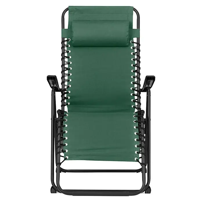 Garten-Liegestuhl - Metall, Baumwolle, Rückenlehne verstellbar, Hunter Green, B x T x H: 66 x 102 x 111 cm - Blick von oben auf einen grünen Relaxsessel mit schwarzem Rahmen und Kopfstütze. Ideal zum Entspannen im Garten oder auf der Terrasse.