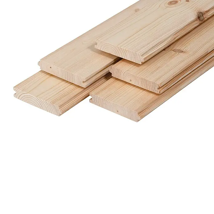 Hobeldiele - Kiefer, 3.000 x 96 x 19 mm - Ein Stapel heller Holzpaneele mit Nut- und Federverbindung, ideal für Wand- und Deckenverkleidungen. Natürliche Holzmaserung sichtbar.