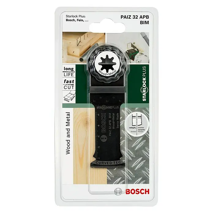 Bosch Tauchsägeblatt Wood and Metal PAIZ 32 APB - Geeignet für: Holz, 60 x 32 mm, STARLOCK-Plus-System - Das Bosch PAIZ 32 APB BIM Starlock Plus Sägeblatt für Holz und Metall: Langlebig, schnell und präzise für vielseitige Anwendungen.