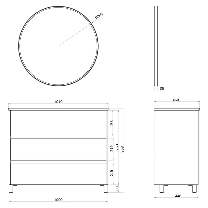 Artysan Conjunto de mueble de baño Africa - Ancho: 100 cm, 3 pzs., Nature, Mate - Vista del producto: Espejo redondo (D800) sobre mueble de baño con cajones (1010x460mm). Dimensiones precisas para diseño y planificación.