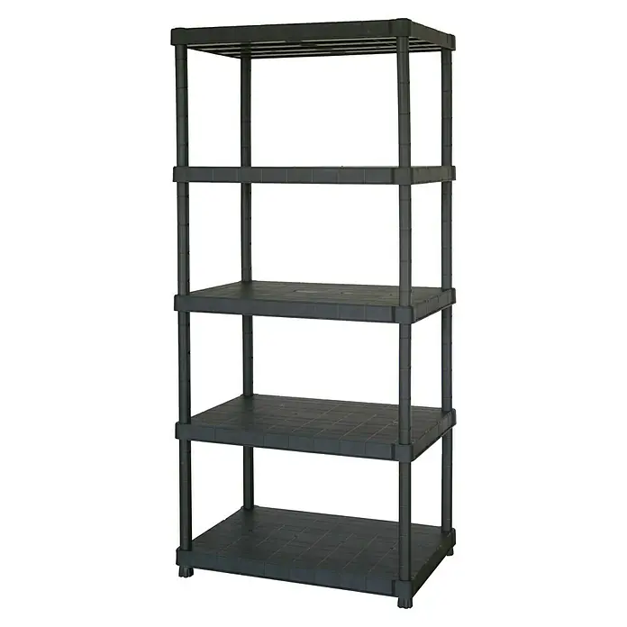 Regalux Kunststoffregal - H x B x T: 187 x 90 x 60 cm, Traglast pro Boden: 90 kg, Anzahl Böden: 5 Stk., Stecken, Schwarz - Ein schwarzes Kunststoffregal mit fünf Ebenen, ideal für Lagerung und Organisation im Haushalt oder in der Garage.