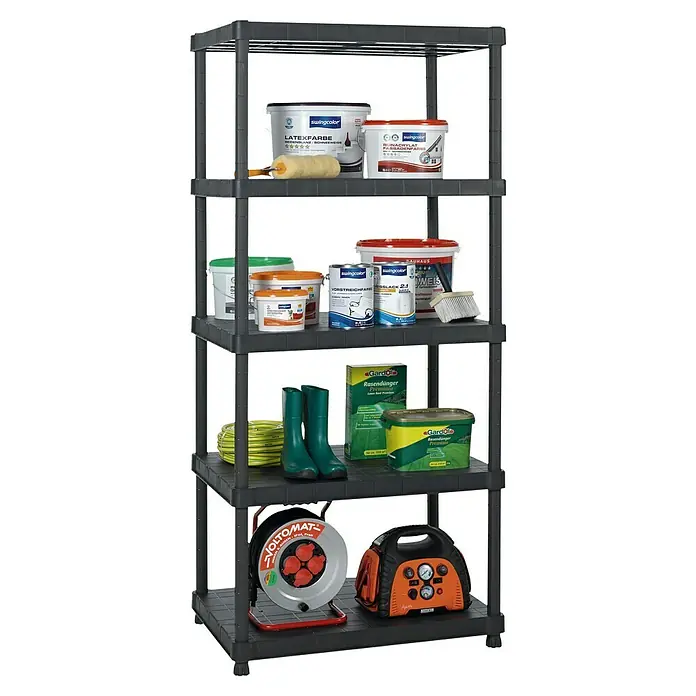 Regalux Kunststoffregal - H x B x T: 187 x 90 x 60 cm, Traglast pro Boden: 90 kg, Anzahl Böden: 5 Stk., Stecken, Schwarz - Bild eines schwarzen Schwerlastregals mit fünf Ebenen, gefüllt mit Farbeimern, Gartenzubehör und Werkzeugen.