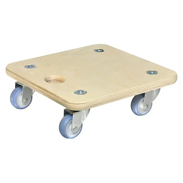 BAUHAUS Transportroller - L x B x H: 29 x 29 x 8,5 cm, Traglast: 250 kg, Holz - Bild einer Möbelroller mit vier Rollen und einer quadratischen Holzplatte mit einer Griffbohrung.