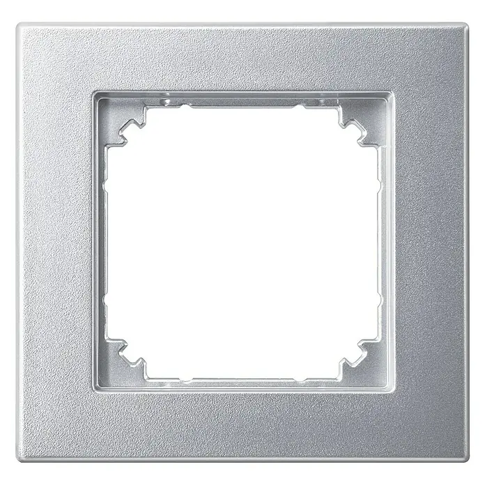 Merten M-Plan Abdeckrahmen 486160 - Aluminium matt, 1-fach, Kunststoff - Silberfarbene Schalterabdeckung mit quadratischer Form und einer Aussparung in der Mitte für den Einbau eines Schalters.
