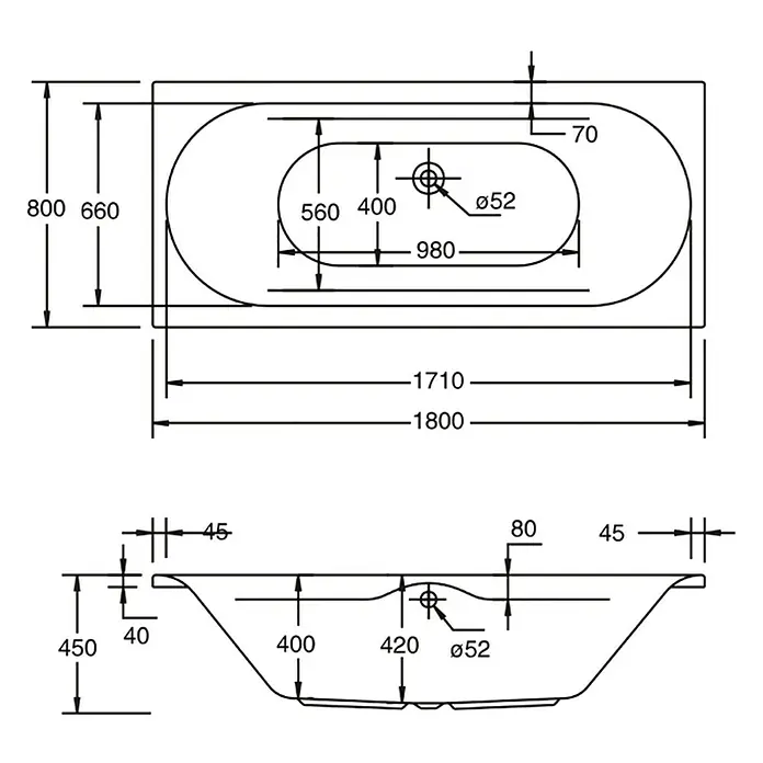Ottofond Badewanne Bali - 180 x 80 cm, Sanitäracryl, Weiß - Abbildung der Badewannenmaße mit einer Länge von 1800 mm, einer Breite von 800 mm und einer Höhe von 450 mm.
