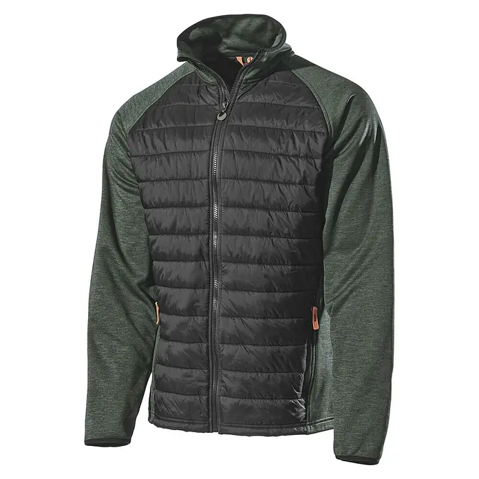 L.Brador Hybridjacke 6090P - Schwarz/Grün, M - Dieses Bild zeigt eine stilvolle, gesteppte Herrenjacke mit durchgehendem Reißverschluss und kontrastierenden Ärmeln, ideal für wechselhaftes Wetter.