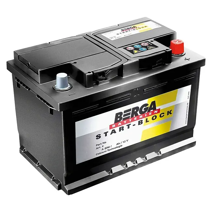 Berga Autobatterie Start Block - 12 V, 90 Ah - Nahaufnahme einer BERGA Autobatterie "Start-Block", die für ihre zuverlässige Startleistung und Calcium-Technologie bekannt ist.