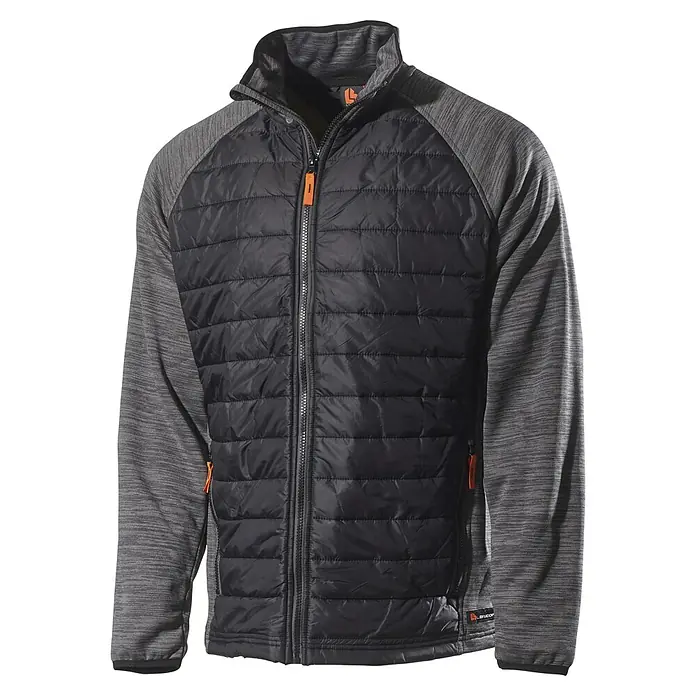 L.Brador Hybridjacke 6090P - Schwarz/Grau, L - Abbildung einer schwarzen gesteppten Jacke mit grauen Ärmeln, ideal für kühles Wetter. Die Jacke hat einen durchgehenden Reißverschluss und Stehkragen.