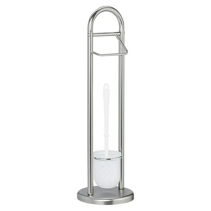 Venus WC-Kombi-Bürstengarnitur Amicella - Höhe: 63 cm, Silber, Metall - Edelstahl-WC-Garnitur mit weißem Bürstenkopf und Halterung. Die Bürste ist sauber und ordentlich in ihrem Behälter verstaut.