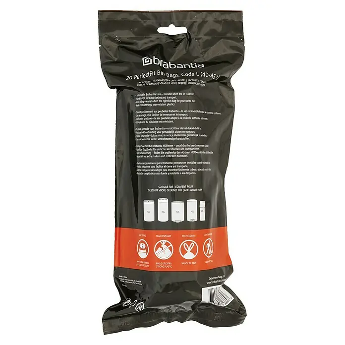Brabantia Bolsas de basura PerfectFit - 40 l, 20 ud. - Bolsas de basura Brabantia PerfectFit, código L (40-45L) en bolsa de foil opaca negra con información y logos.