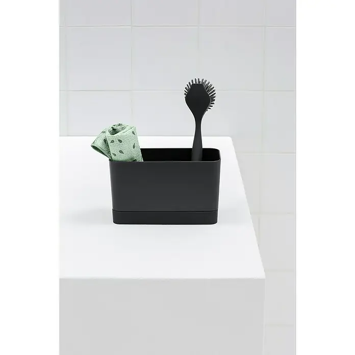 Brabantia Paños de cocina Limpiaplatos de microfibra - Material: Materiales naturales, 2 ud. - Un porta utensilios de cocina negro con un paño y un cepillo, ideal para organizar y guardar los utensilios de cocina.