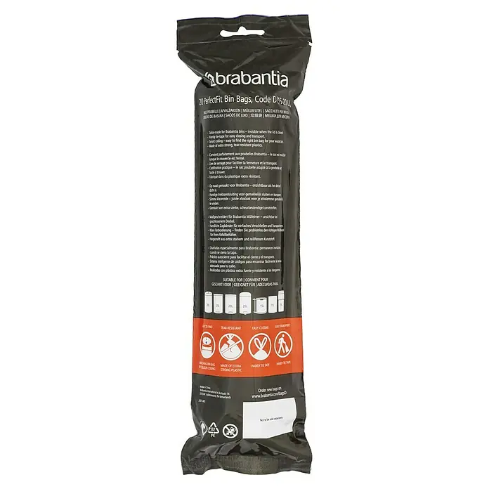 Brabantia Bolsas de basura PerfectFit - 20 l, 40 ud. - Bolsas de basura Brabantia PerfectFit, código D (15-20L). Resistentes al desgarro, con cinta para cierre y transporte fáciles. Adecuadas para varios cubos Brabantia.