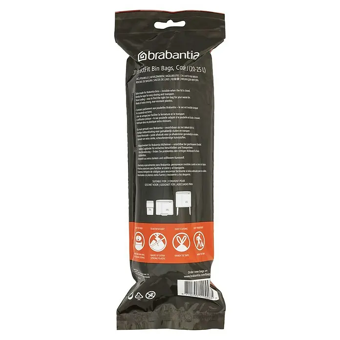 Brabantia Bolsas de basura PerfectFit - 25 l, 20 ud. - Bolsas de basura Brabantia PerfectFit, 20 unidades, Código J (20-25L). Hechas a medida para cubos Brabantia, plástico resistente y fácil cierre.