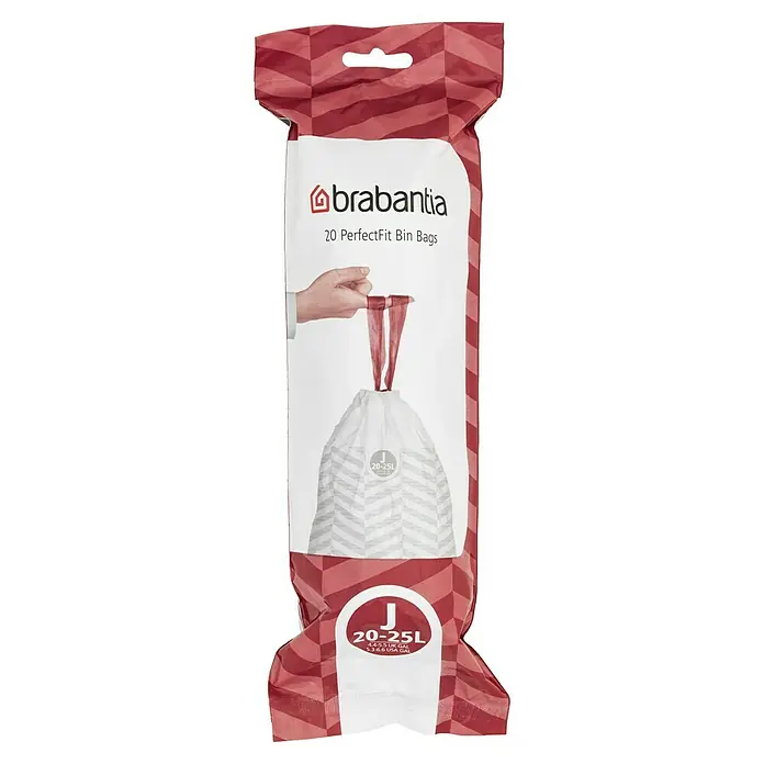 Brabantia Bolsas de basura PerfectFit - 25 l, 20 ud. - Imagen de un paquete de bolsas de basura Brabantia PerfectFit, talla J, 20-25L. El paquete es de cuadros rojos y blancos, conteniendo 20 bolsas.