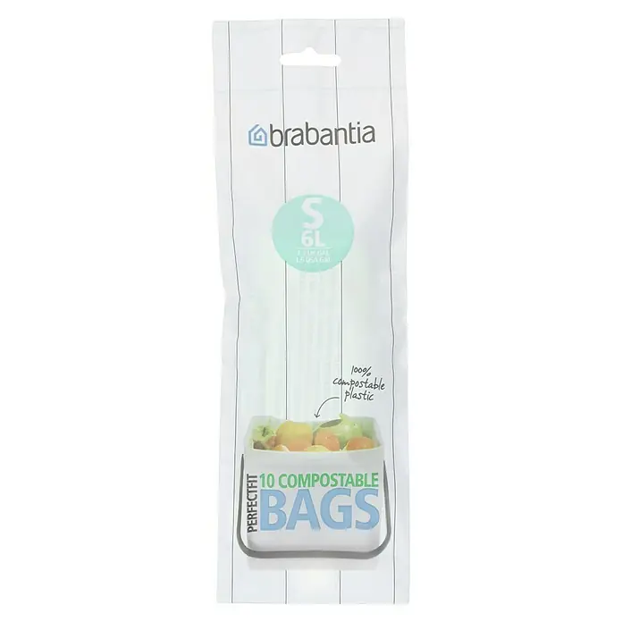 Brabantia Bolsas de basura Biodegradables - 6 l, 10 ud., Verde - Un paquete de bolsas de compost Brabantia PerfectFit, tamaño S (6L), con las palabras "10 bolsas compostables" y una imagen de residuos de fruta.