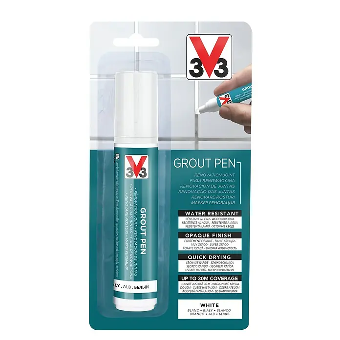 V33 Lápiz para juntas renovación - Blanco, Mate - Imagen de un envase de rotulador para juntas, ideal para renovar y reparar las juntas de azulejos.