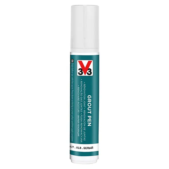 V33 Lápiz para juntas renovación - Blanco, Mate - Imagen de un rotulador de juntas blanco con inscripciones verde azulado.