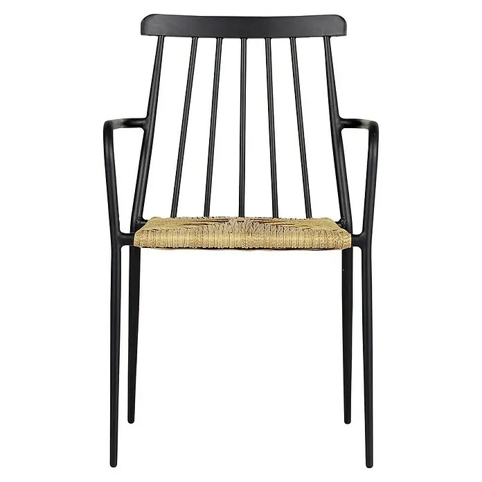 Envy Gartensessel Eva - Rattan/Geflecht, Stapelbar, Schwarz/Natur, B x T x H: 58 x 54 x 84 cm - Stuhl mit schwarzem Metallgestell und Sitzfläche aus geflochtenem Naturmaterial, der rustikalen Charme mit modernem Design verbindet.