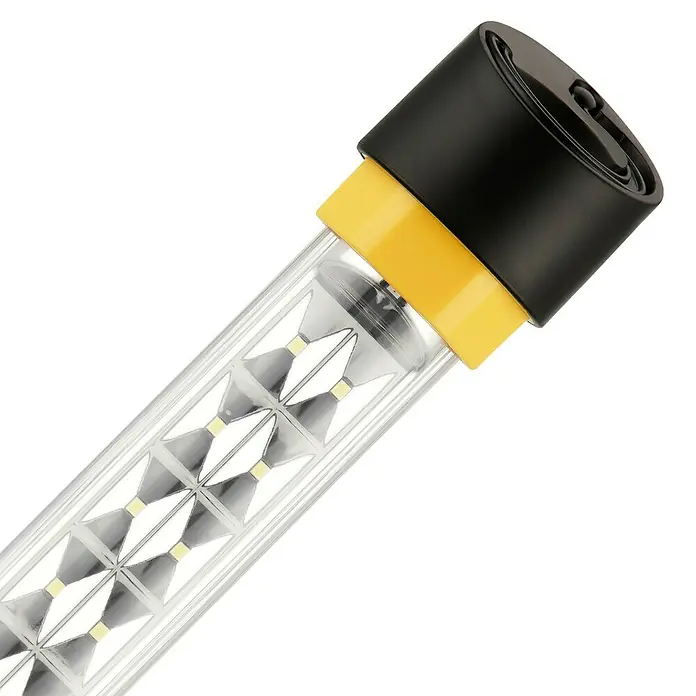 Handleuchte - L x B x H: 36 x 6 x 6 cm, 280 lm, Tageslichtweiß, Akkubetrieben, IP20 - Nahaufnahme einer tragbaren LED-Arbeitsleuchte mit schwarzem und gelbem Griff und einem klaren Gehäuse.