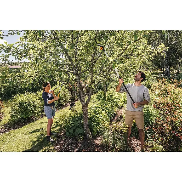 Fiskars Teleskop-Schneidgiraffe UPX86 & Adapter-Baumsäge - Max. Aststärke: 32 mm - Zwei Personen benutzen eine Fiskars-Gartenschere mit langem Griff, um Äpfel von einem Baum zu pflücken. Eine grüne, idyllische Gartenszene.