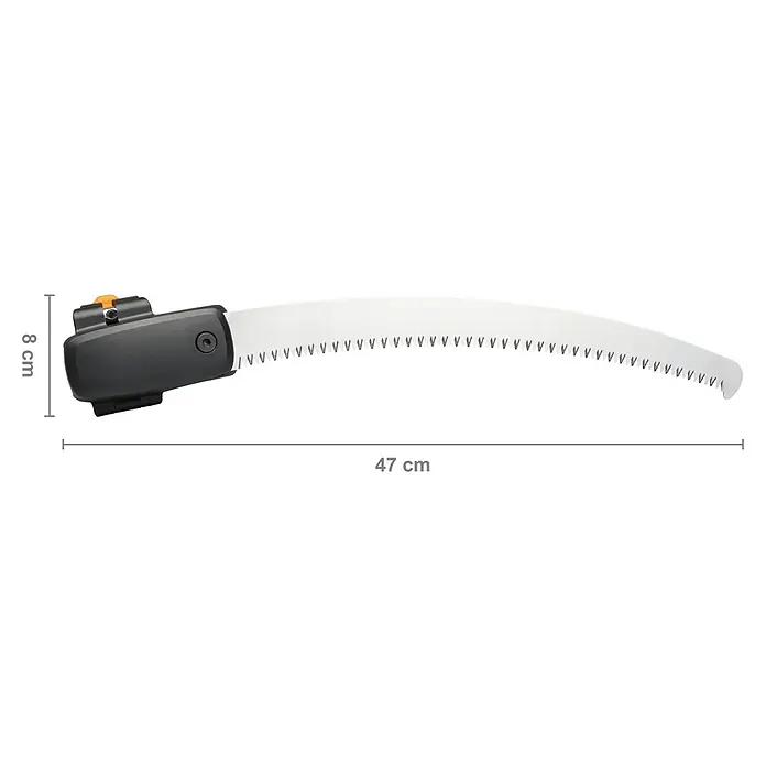 Fiskars Teleskop-Schneidgiraffe UPX86 & Adapter-Baumsäge - Max. Aststärke: 32 mm - Abbildung einer Astsäge mit einer Länge von 47 cm und einer Höhe von 8 cm. Die Säge hat einen schwarzen Griff und ein weißes Sägeblatt.