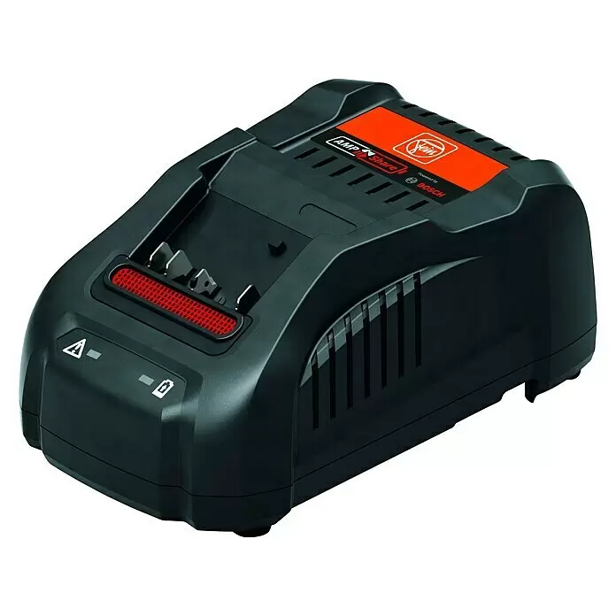 Fein AMPShare 18V Schnellladegerät GAL 1880 CV AS - Passend für: AMPShare oder Bosch Professional 18 V Akku-Schnittstelle - Schwarzes Elektrowerkzeug-Akkuladegerät mit orangefarbenem AMPShare-Label und rotem Lüftungsgitter.
