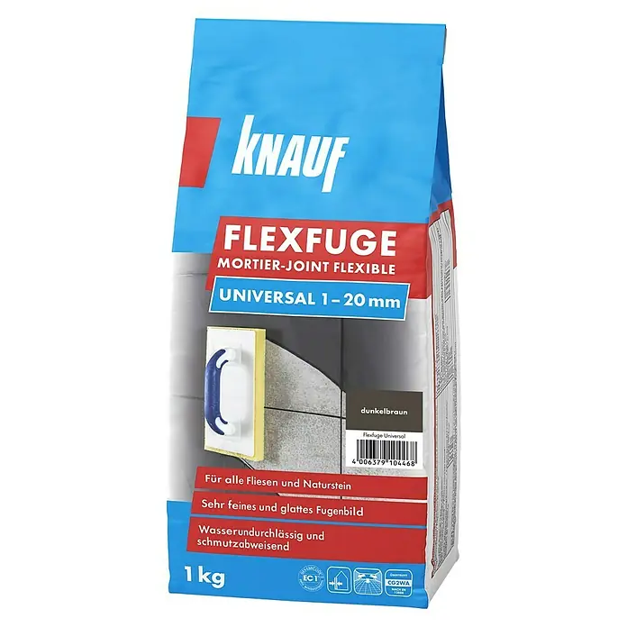 Knauf Flexfuge Universal - Dunkelbraun, 1 kg - Abbildung eines 1 kg-Sacks Knauf Flexfuge Universal 1-20 mm in Dunkelbraun, einem flexiblen Fugenmörtel für Fliesen und Naturstein.