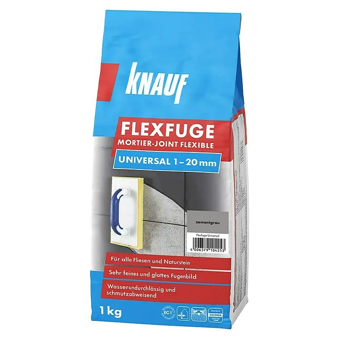 Knauf Flexfuge Universal - Zementgrau, 1 kg - Produktbild von Knauf Flexfuge Universal, einem flexiblen Fugenmörtel für Fliesen und Naturstein, geeignet für Fugen von 1-20 mm Breite.