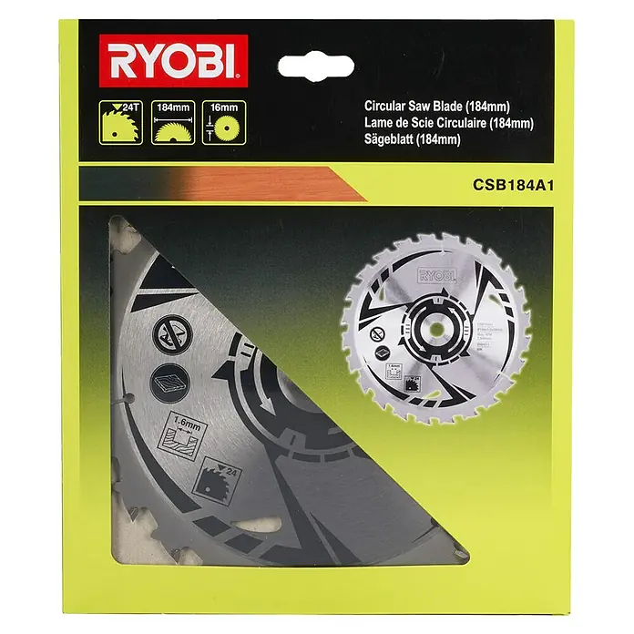 Ryobi Kreissägeblatt - 184 mm, Bohrung: 16 mm, Anzahl Zähne: 24 Stk. - Produktverpackung für ein Ryobi Kreissägeblatt (184mm) mit 24 Zähnen, ideal für präzise Holzschnitte.