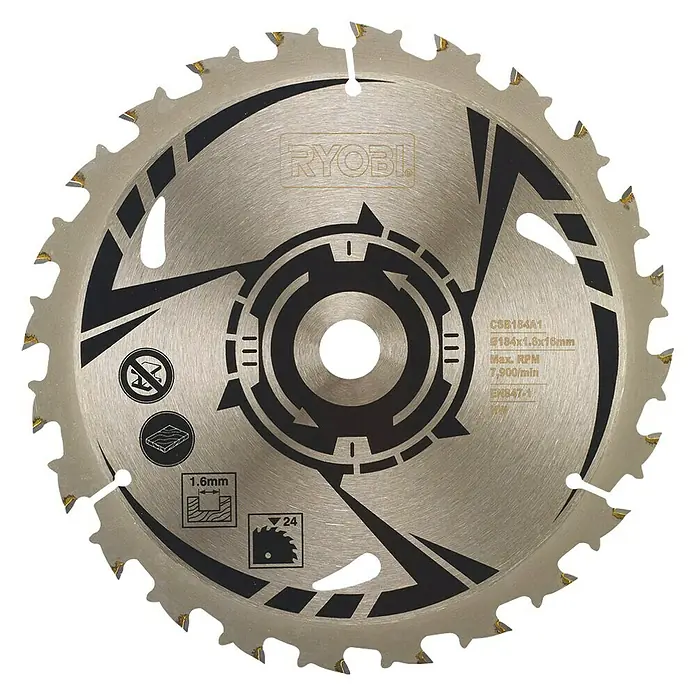 Ryobi Kreissägeblatt - 184 mm, Bohrung: 16 mm, Anzahl Zähne: 24 Stk. - Ryobi Kreissägeblatt mit 24 Zähnen für saubere Schnitte in Holz, ideal für Heimwerker und Profis.