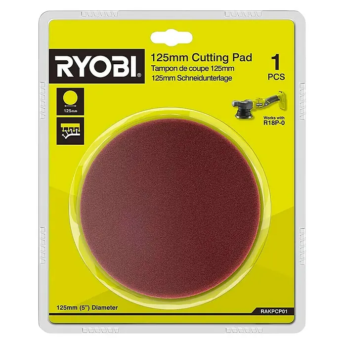 Ryobi Polierpad Medium - Durchmesser: 125 mm, Rotbraun - Verpackung eines Ryobi 125mm Schleifpads für Poliermaschinen, geeignet für das Modell R18P-0.