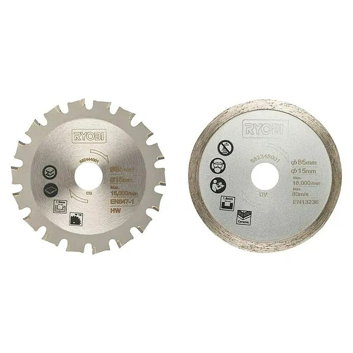 Ryobi Kreissägeblatt-Set RAKMMS02K - Durchmesser: 85 mm, 2 -tlg. - Zwei RYOBI Trennscheiben mit unterschiedlichen Designs und Spezifikationen für verschiedene Materialien.