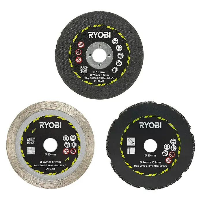 Ryobi Trennscheiben-Set RAKCOT03 - 3 -tlg. - Das Bild zeigt drei Ryobi Trennscheiben, die für verschiedene Materialien geeignet sind und sich ideal für Heimwerkerprojekte eignen.
