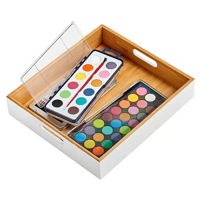 Zeller Present Holzkiste - L x B x H: 30 x 27 x 6 cm, Weiß, Holz - Bambus-Schubladenorganizer mit weißen Seiten, enthält zwei bunte Aquarellfarbkästen.