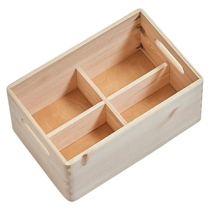 Zeller Present Fachteiler S - Passend für: Stapelbox S - Hölzerne Aufbewahrungsbox mit vier Fächern und Griffen an den Seiten, ideal für Organisation und Lagerung.