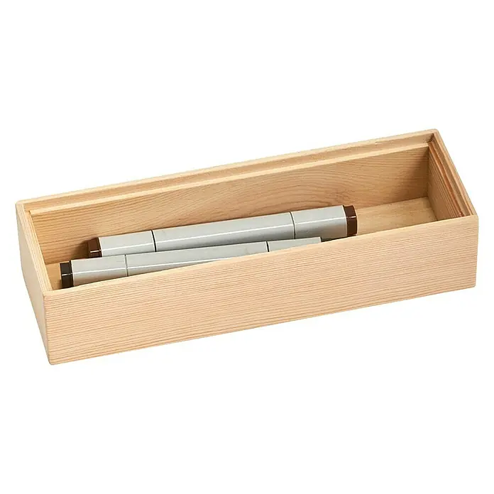 Zeller Present Aufbewahrungsbox - 23 x 7,5 x 5 cm, Kiefer, Braun - Zwei Marker, einer grösser und einer kleiner, liegen in einer hellen Holzschatulle und sind ordentlich und präsentationsbereit.
