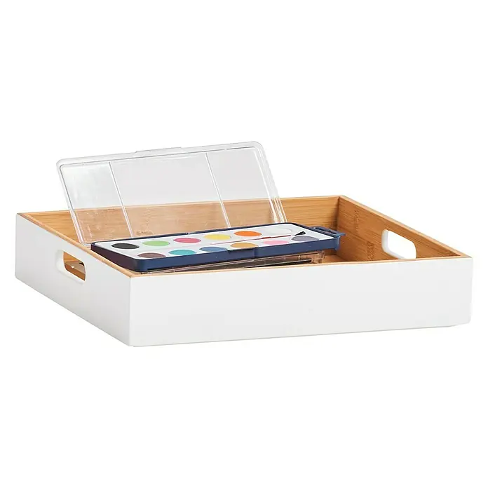 Zeller Present Holzkiste - L x B x H: 30 x 27 x 6 cm, Weiß, Holz - Bild von einer weißen Holzablage mit Griffen, darin ein Aquarellfarbkasten mit durchsichtigem Deckel.